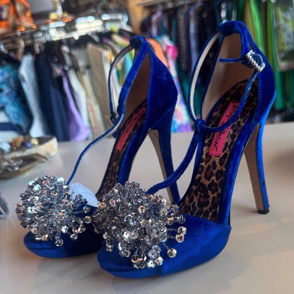 Betsey Johnson Cobalt Blue Velvet Jeweled T-Strap Heels